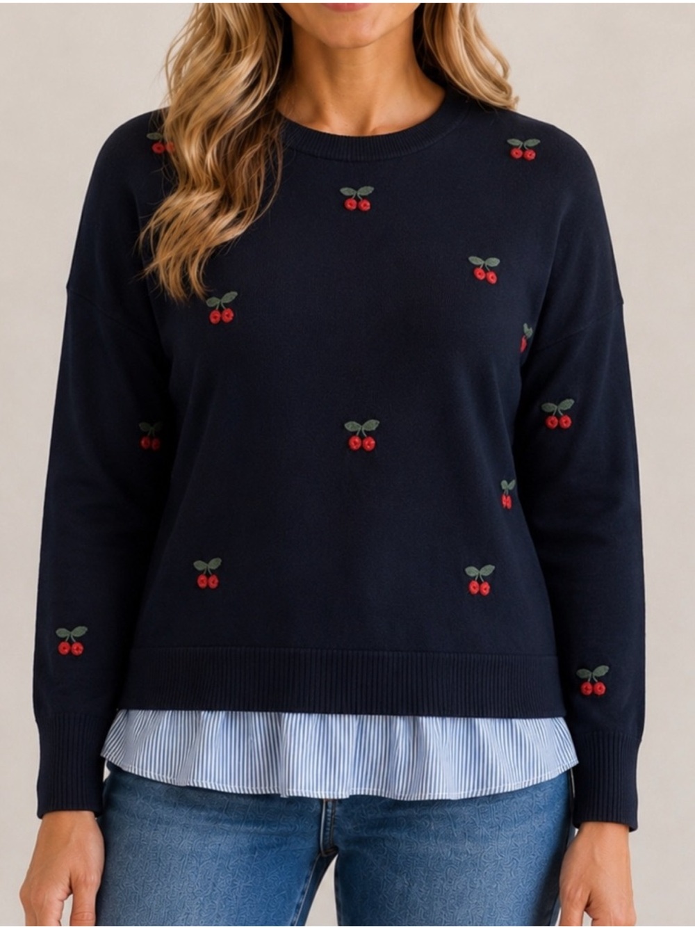 Nanette Lepore Navy Sweater with Red Cherry Embroidery